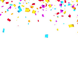 Falling colorful cut out ribbon confetti background with space for text.