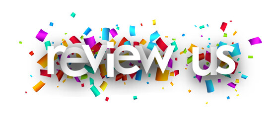 Review sign over cut out ribbon confetti background.