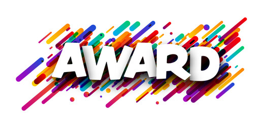 Award sign over colorful brush strokes background.