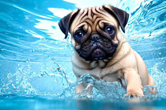 Pug puppy swims and splashes in water on blue background generative AI