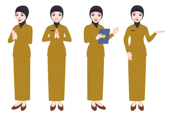 various styles and poses of beautiful Indonesian civil servants wearing uniforms and hijabs