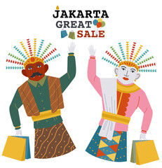 A pair of Ondel-ondel from Jakarta holding shoping bag in Jakarta Great Sale event