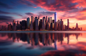 Beautiful skyline of the city by the sea, sunset or sunrise