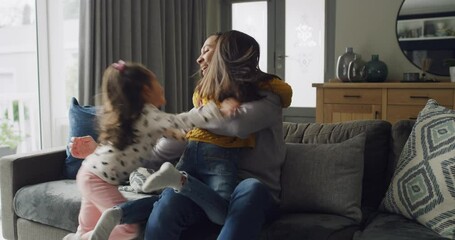 Young children, dad hug and living room in a family home with love, care and bonding. Running kids, father and watching tv of a girl with papa together in a house feeling playful with happiness - Powered by Adobe