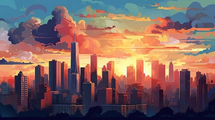 Foto auf Acrylglas Aquarellmalerei Wolkenkratzer Beautiful skyline of the city by the sea, sunset or sunrise, watercolor