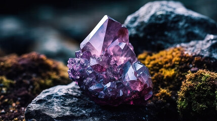 Raw uncut Kammerite crystal. Purple mineral in nature. Generative AI