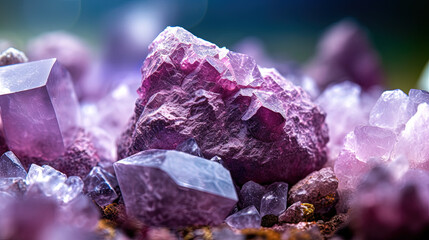 Lepidolite crystal on rocks. Macro photography of a purple mineral. Generative AI