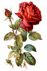 Red rose with green leaves isolated on white background. Watercolor illustration.