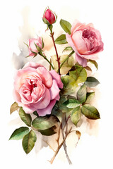 Beautiful pink rose on a white background. Watercolor illustration.