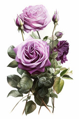 Bouquet of purple roses isolated on white background. Watercolor illustration.