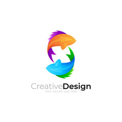Double fish logo with letter S design vector, colorful style