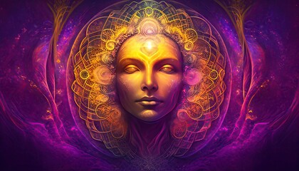 Mental health magic circles resonate with chakras and manifest spiritual power Purple and yellow abstract, elegant and modern AI-generated illustration - obrazy, fototapety, plakaty