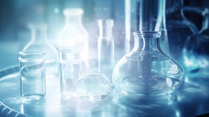 Laboratory test tubes and other various medical glassware, blue background. Pharmacy cosmetology concept Generative AI