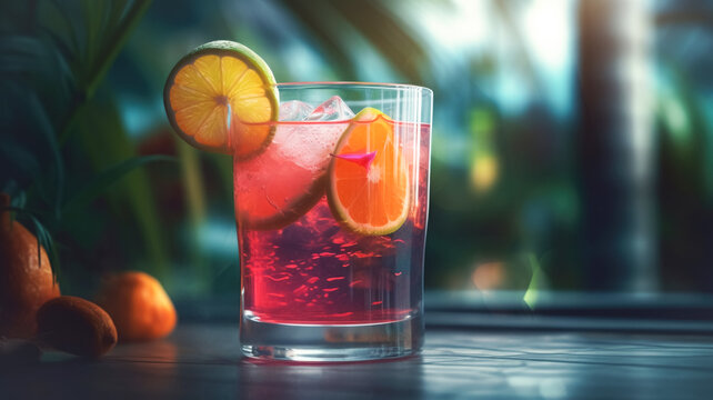 A glass of the popular Cosmopolitan cocktail on a bungalow poolside table. Summer refreshing drinks with ice Generative AI