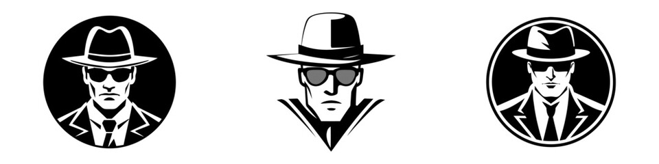 Set of detective agency emblems with abstract men heads in hats. Vintage vector illustration