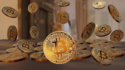 Bitcoins Falling. A Batch of Bitcoin Crypto currency. Gold Bitcoin BTC Bit Coin. Close up shot of Bitcoin coins isolated on black background Blockchain technology, bitcoin mining concept. 3d