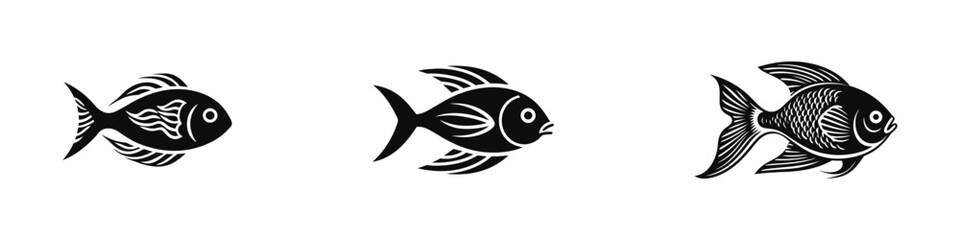 Fishes - set of isolated vector icons. Black on white background