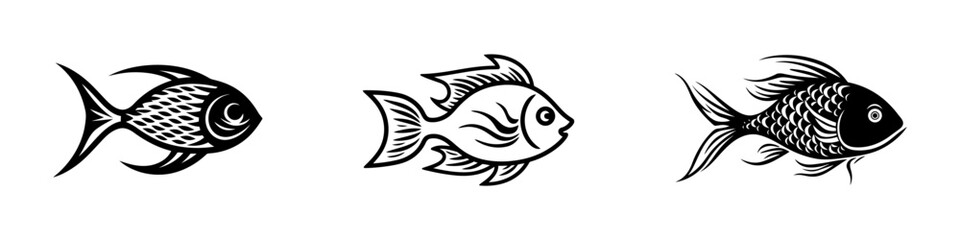 Fishes - set of isolated vector icons. Black on white background