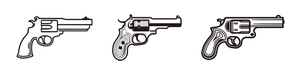 Set of pistols silhouettes. Revolver set on white background. Vector icon, logo