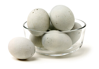 preserved duck eggs on white background
