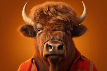 Anthropomorphic Bison dressed in human clothing. Humanized animal concept. AI generated, human enhanced