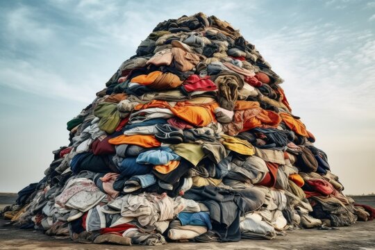 Pile of textile and clothing waste. The concept of climate change as consequence of excessive consumption. AI generated