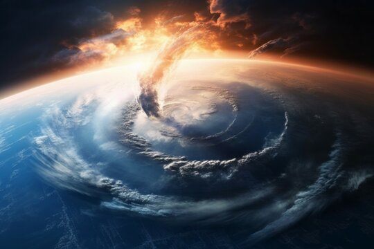Tornado view from space. Climate change concept. AI generated, human enhanced