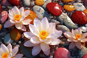 Overhead shot, transparent colorful pebbles, three white snow lotus flowers in full bloom. AI generative