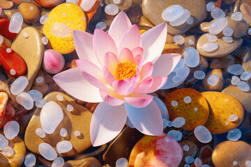Overhead shot, transparent colorful pebbles, three white snow lotus flowers in full bloom. AI generative