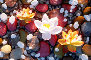 Obraz na płótnie Canvas Overhead shot, transparent colorful pebbles, three white snow lotus flowers in full bloom. AI generative