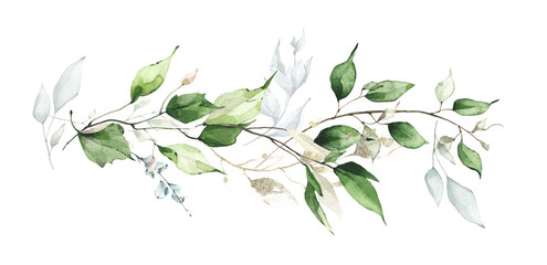 Greenery arrangement watercolor painted. Bouquet with branches, green, blue, golden leaves. 