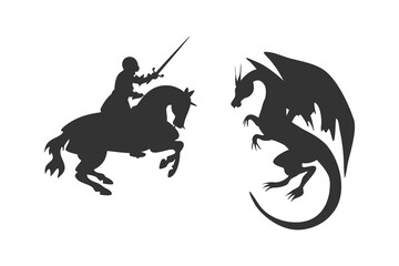 knight and dragon fight silhouette. Medieval battle outlines.