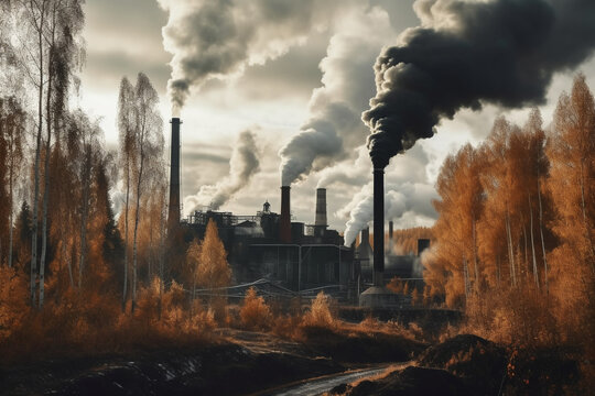 Thick smoke belching from factory chimneys against a sky, AI Generation