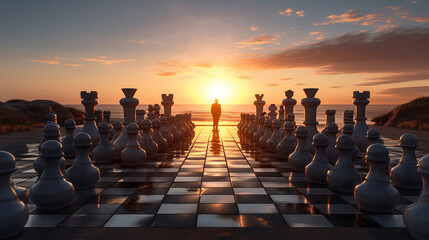 Unique sunset perspective on giant chess game . Generative IA