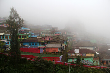 Fototapeta premium A house shrouded in fog in the Butuh, Temanggung Village, Magelang, Central Java, Indonesia. Better known as Nepal van Java.