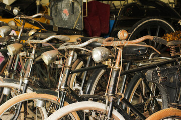Old bicycles collected in museums, tourist attractions.