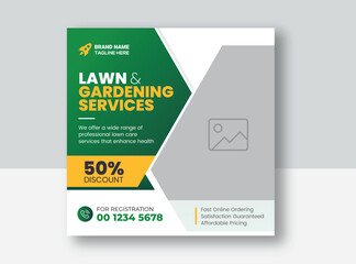 Lawn Mower Garden or Landscaping Service Social Media Post and Web Banner Template. Mowing poster, leaflet, poster design. grass, equipment, gardener