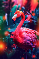 Flamingo in tropical nature forrest background. Animal and environment concept. Generative ai