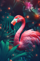 Flamingo in tropical nature forrest background. Animal and environment concept. Generative ai