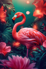 Fototapeta premium Flamingo in tropical nature forrest background. Animal and environment concept. Generative ai