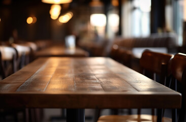 Wooden table blurred background of restaurant of cafe with bokeh. Generative AI