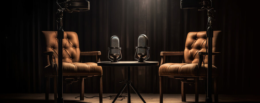 Two chairs and microphones in podcast or interview room isolated on dark background as a wide banner for media conversations or podcast streamers concepts with copy space. Generative AI