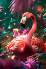 Flamingo in tropical nature forrest background. Animal and environment concept. Generative ai