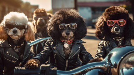 Fluffy Poodles with attitude as a motorbike gang wearing sunglasses and leather jackets. Fun image for bikers and dog enthusiasts. Generative AI.