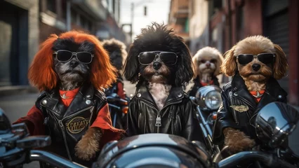 Foto op Aluminium A biker gang of Poodles with attitude are wearing sunglasses and leather jackets, ready for a rumble. Generative AI. © Sunshine Design