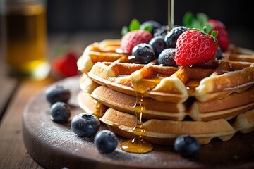 A stack of Belgian waffles topped with fresh berries, drizzled with maple syrup, and served on a rustic wooden breakfast tray. (Generative AI) - obrazy, fototapety, plakaty
