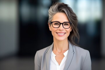 Confident stylish mature mid aged woman standing at home office. Mature businesswoman,  lady executive business leader manager looking at camera, generative AI