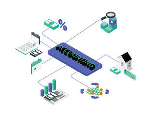 isometric accounting banner and element to record all financial transaction in the company for accounting and financial statement 