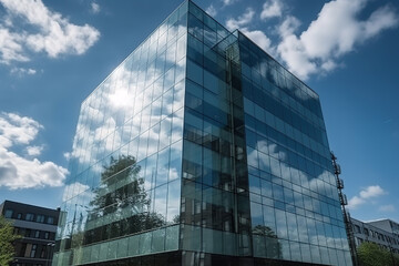 Fototapeta premium Glass fronted contemporary office building with a backdrop of a blue sky. Wall made of transparent glass at an office complex. Generative AI