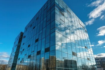 Glass fronted contemporary office building with a backdrop of a blue sky. Wall made of transparent glass at an office complex. Generative AI